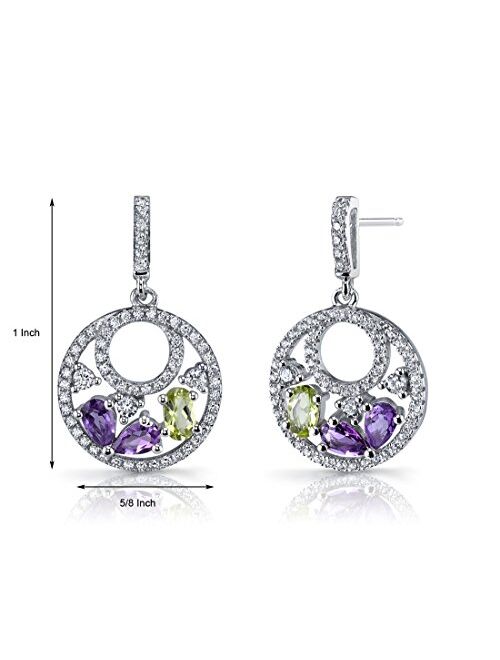 Peora Amethyst and Peridot Dangle Earrings in Sterling Silver, Designer Double Hoop Drops, 1.50 Carats total, Friction Backs