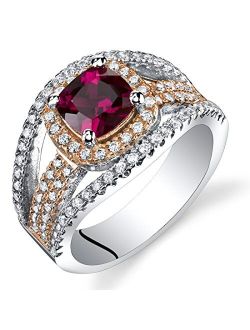Created Ruby Cushion Cut Pave Rose Tone Ring Sterling Silver 1.25 Carats Sizes 5 to 9