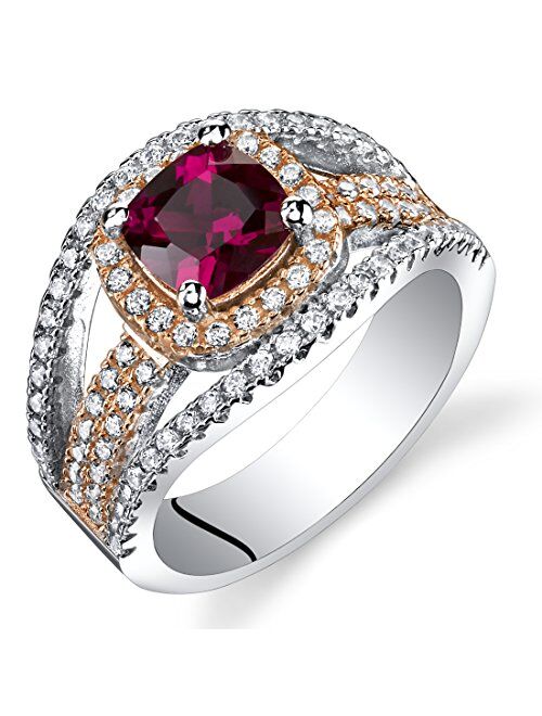 Peora Created Ruby Cushion Cut Pave Rose Tone Ring Sterling Silver 1.25 Carats Sizes 5 to 9