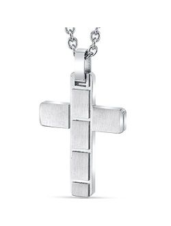 Stainless Steel Cross Pendant Mens Brick Pattern Necklace Fathers Day Gift, 22 Inch Chain
