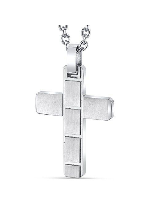 Peora Stainless Steel Cross Pendant Mens Brick Pattern Necklace Fathers Day Gift, 22 Inch Chain