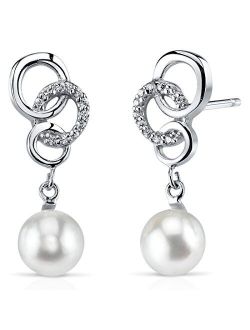 Freshwater Cultured White Pearl Trinity Drop Earrings for Women 925 Sterling Silver, 6.5mm Round Shape, Hypoallergenic, Friction Backs