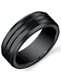 Mens 8mm Black Ceramic Wedding Band Ring Twin Grooves Sizes 7 to 14