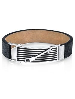 Custom Men's Black Leather and Stainless Steel Bracelet, Sleek Striped Key Design, Fold-Over Clasp, 8.25 Inches