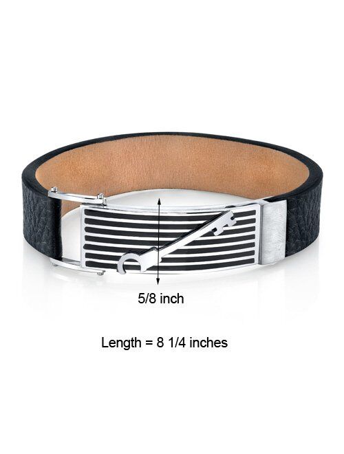 Peora Custom Men's Black Leather and Stainless Steel Bracelet, Sleek Striped Key Design, Fold-Over Clasp, 8.25 Inches
