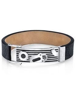 Custom Men's Black Leather and Stainless Steel Bracelet, Sleek Lock Design, Fold-Over Clasp, 8.25 Inches
