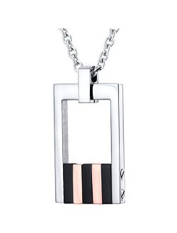 Stainless Steel Open Dog Tag Bar Pendant Necklace for Men and Women, Custom Black and Rose Gold-tone Stripe Design, 22 inch Chain
