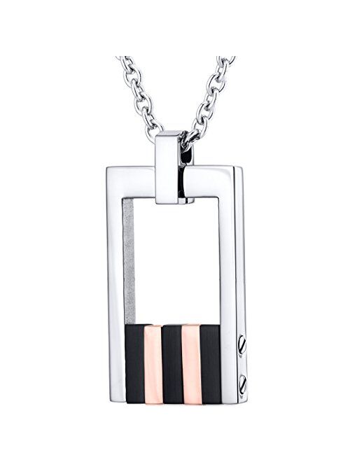 Peora Stainless Steel Open Dog Tag Bar Pendant Necklace for Men and Women, Custom Black and Rose Gold-tone Stripe Design, 22 inch Chain