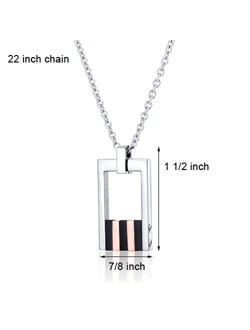 Peora Stainless Steel Open Dog Tag Bar Pendant Necklace for Men and Women, Custom Black and Rose Gold-tone Stripe Design, 22 inch Chain
