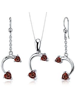 Love Duet 2.25 carats Heart Shape Sterling Silver with Garnet Pendant Earrings Set