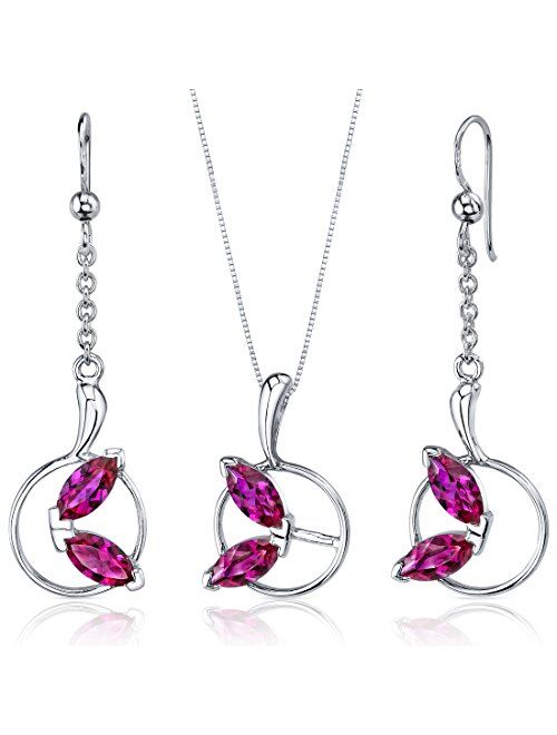 Peora Created Ruby Earrings Pendant Necklace Jewelry Set for Women in Sterling Silver, Leaf Motif Design, 4.50 Carats total, with 18 inch Chain