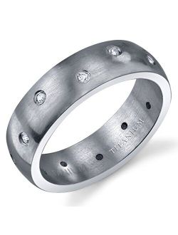 Designer 6mm Men's Genuine Titanium Wedding Ring Band with Cubic Zirconia, Comfort Fit, Sizes 8 to 13