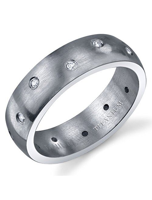 Peora Designer 6mm Men's Genuine Titanium Wedding Ring Band with Cubic Zirconia, Comfort Fit, Sizes 8 to 13