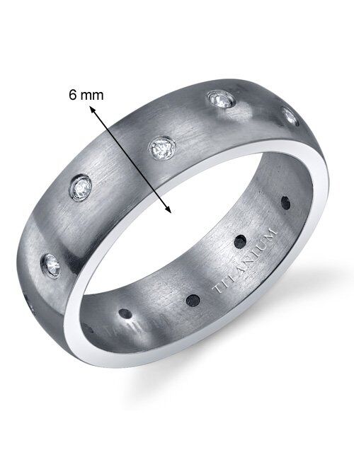 Peora Designer 6mm Men's Genuine Titanium Wedding Ring Band with Cubic Zirconia, Comfort Fit, Sizes 8 to 13