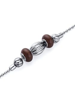 Stainless Steel Bracelet for Women, Silver and Warm Brown Polished Charm Beads, 7.25 inches