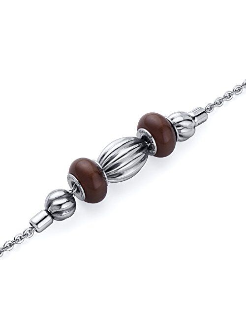 Peora Stainless Steel Bracelet for Women, Silver and Warm Brown Polished Charm Beads, 7.25 inches