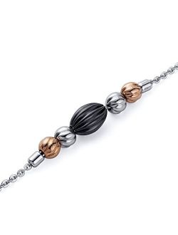Black Link Bracelet for Women in Stainless Steel, Dainty Tri-Colored Bead Jewelry, 7.25 inch