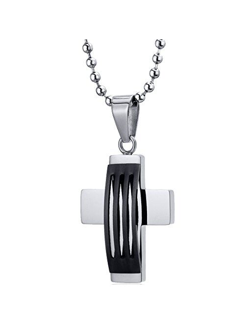 Peora Mens Stainless Steel Cross Necklace Religious Fathers Day Gift, Black Enamel, 22 Inch Chain