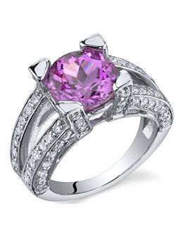 Created Pink Sapphire Ring Sterling Silver Rhodium Nickel Finish Round Shape 3.75 Carats Sizes 5 to 9