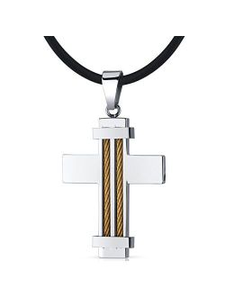 Stainless Steel Twisted Cable Cross Pendant for Men, Custom Two Tone Design, 18 2 inch Black Cord