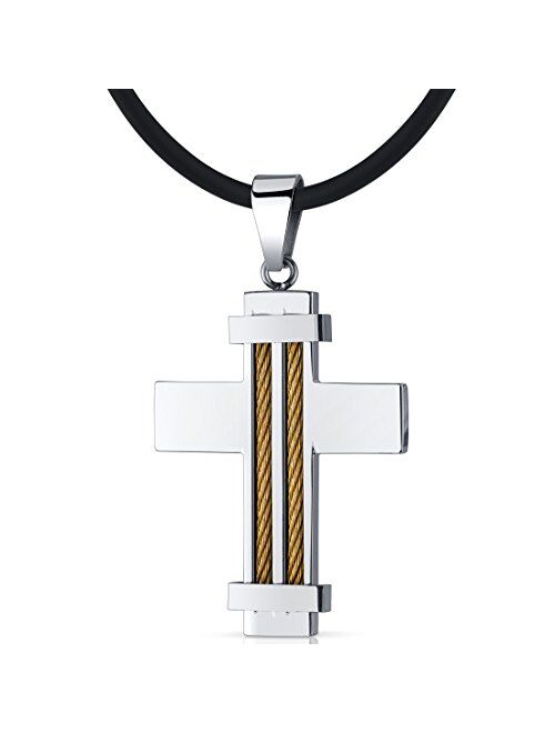 Peora Stainless Steel Twisted Cable Cross Pendant for Men, Custom Two Tone Design, 18+2 inch Black Cord