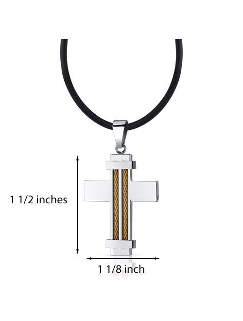 Peora Stainless Steel Twisted Cable Cross Pendant for Men, Custom Two Tone Design, 18+2 inch Black Cord