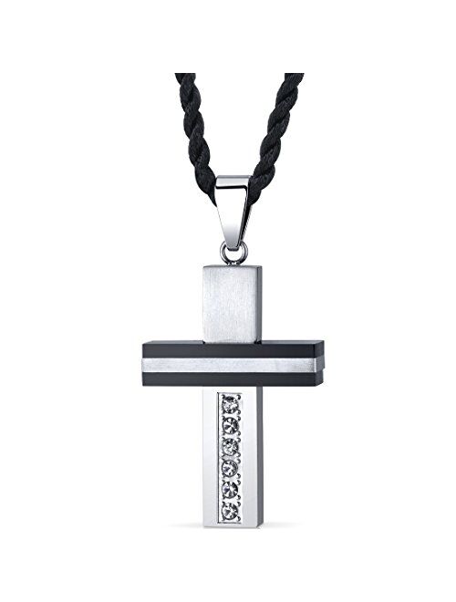 Peora Stainless Steel and Ceramic Cross Pendant for Men and Women, Custom Two Tone Design with Cubic Zirconia, 18+2 inch Twisted Black Cord
