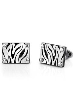 Mens Cuff Links Polished Stainless Steel Black and Silver Zebra Patterned Luxury Shirt Cufflinks, Fathers Day with Gift Box