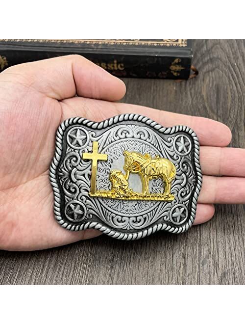 Yoqucol QUKE American Western Cowboy Texas Retro Celtic Cross Horse Horseman Religious Belt Buckle for Men