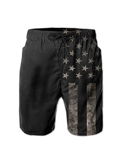 U/B American Flag Swim Trunks for Men Beach Board Shorts with Mesh Lining Mens Black USA Flag Summer Quick Dry