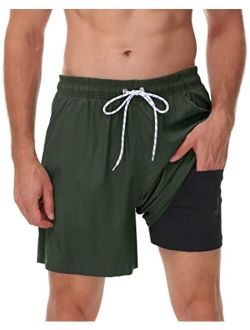 Seisocho Mens Swim Trunks with Compression Liner Swim Shorts Bathing Suits Swimwear Zipper Pockets