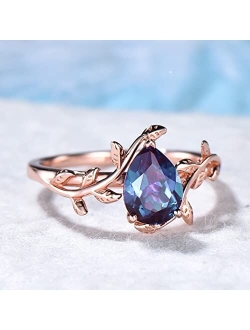 Bbbgem Unique vintage solitaire pear shaped Alexandrite engagement ring leaf flower minimalist ring for women 14k rose gold anniversary ring gifts