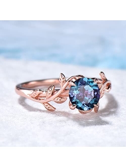 Bbbgem Leaf Round Alexandrite Engagement Ring Vintage Sterling Silver/Rose Gold Plated Color Changing Alexandrite Solitaire Ring Anniversary Gift for Women June Birthston