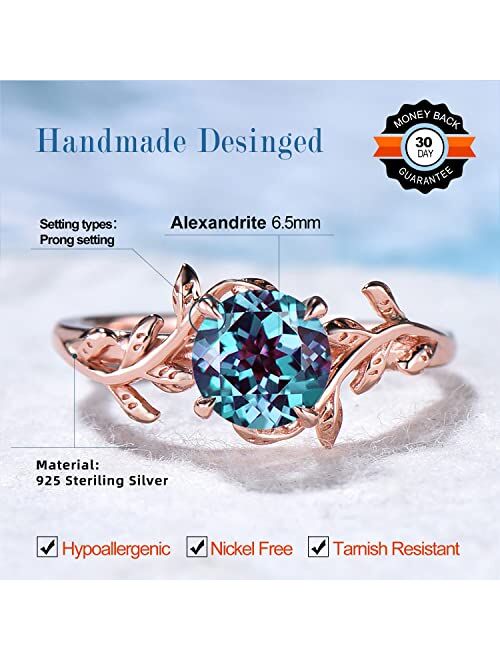 Bbbgem Leaf Round Alexandrite Engagement Ring Vintage Sterling Silver/Rose Gold Plated Color Changing Alexandrite Solitaire Ring Anniversary Gift for Women June Birthston