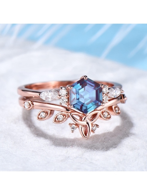 Bbbgem 1ct Hexagon Cut Alexandrite Engagement Ring Set Unique Hexagon Ring Vintage Alexandrite Ring Celtic Wedding Band Marquise Bridal Set Woman Anniversary Gift,with Gi
