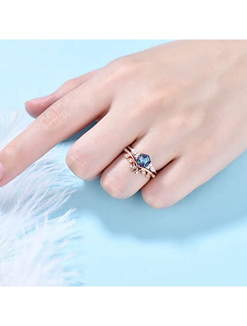 Bbbgem 1ct Hexagon Cut Alexandrite Engagement Ring Set Unique Hexagon Ring Vintage Alexandrite Ring Celtic Wedding Band Marquise Bridal Set Woman Anniversary Gift,with Gi