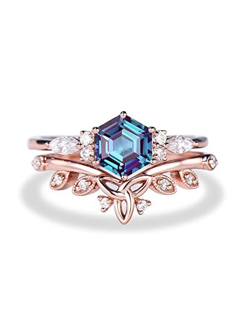 Bbbgem 1ct Hexagon Cut Alexandrite Engagement Ring Set Unique Hexagon Ring Vintage Alexandrite Ring Celtic Wedding Band Marquise Bridal Set Woman Anniversary Gift,with Gi