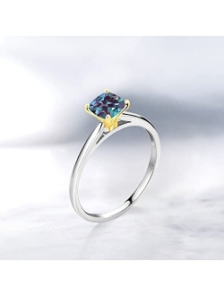 Gem Stone King 0.75 Ct Cushion Purplish Created Alexandrite 925 Sterling Silver Ring with 10K Yellow Gold Prongs Ring