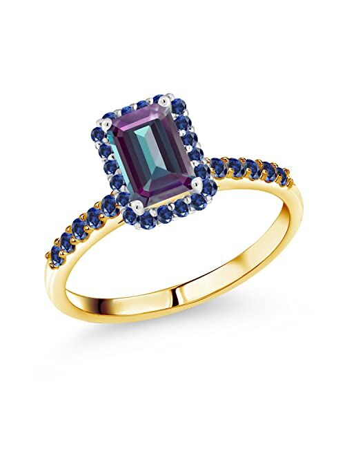 Gem Stone King 1.69 Ct Purplish Created Alexandrite Blue Created Sapphire 10K Yellow Gold Ring with White Gold Prongs