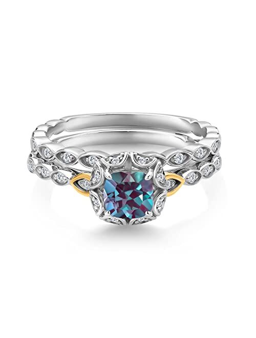 Gem Stone King 925 Silver and 10K Yellow Gold Lab Grown Diamond Bridal Ring Set for Women Purplish Created Alexandrite (0.88 Cttw, 5mm Cushion Cut, Available in Size 5,6,