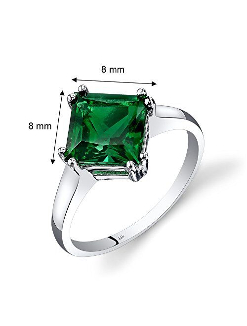 Peora Created Emerald Classic Solitaire Ring for Women in 14K White Gold, 2 Carats Princess Cut 8mm, Comfort Fit, Sizes 5 to 9