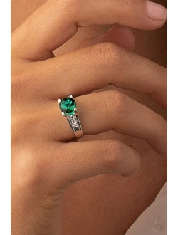 Created Emerald and Genuine Diamond Cathedral Ring for Women in 14K White Gold, 1.75 Carats Round Shape 8mm, Comfort Fit, Sizes 5 to 9