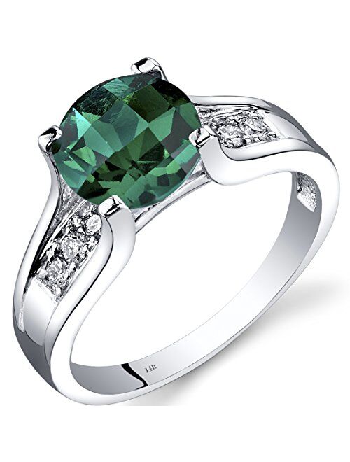 Peora Created Emerald and Genuine Diamond Cathedral Ring for Women in 14K White Gold, 1.75 Carats Round Shape 8mm, Comfort Fit, Sizes 5 to 9