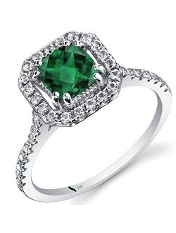 Created Emerald Ring for Women 14K White Gold with Genuine White Topaz, 0.75 Carat Cushion Cut 6mm, Halo Design, Sizes 5 to 9