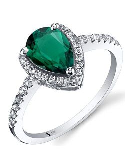 Created Emerald Teardrop Halo Ring for Women 14K White Gold with Genuine White Topaz, 1.25 Carats Pear Shape 9x6mm, Sizes 5 to 9