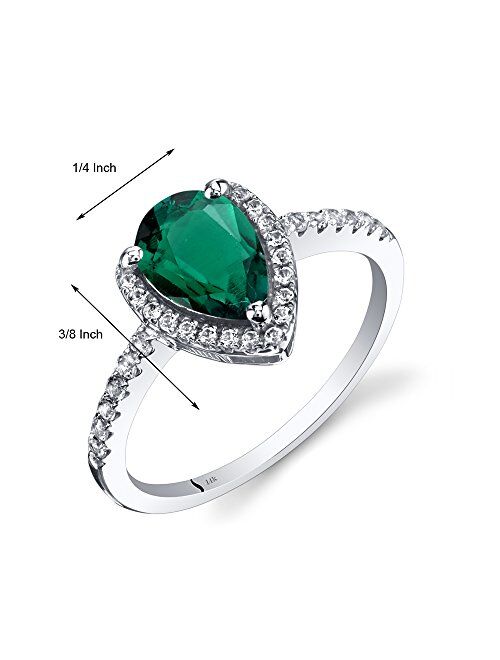 Peora Created Emerald Teardrop Halo Ring for Women 14K White Gold with Genuine White Topaz, 1.25 Carats Pear Shape 9x6mm, Sizes 5 to 9