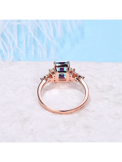 Bbbgem 2ct Emerald Cut Color-Change Alexandrite Ring Cluster Engagement Ring Rose Gold/Sterling Silver Ring June Birthstone Wedding Ring Color Change Stone Unique Wedding