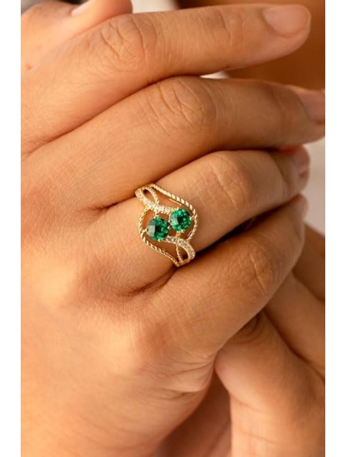 Peora Created Emerald Two-Stone Ring for Women 14K Yellow Gold, 1 Carat total Round Shape, Sizes 5 to 9