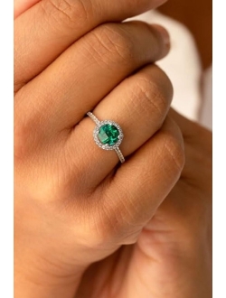 Created Emerald Ring for Women 14K White Gold with Genuine White Topaz, 1 Carat Round Shape 6.5mm, Halo Design, Sizes 5 to 9
