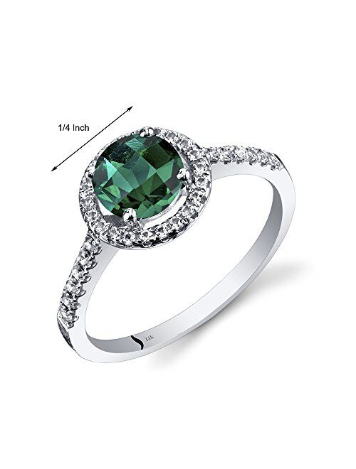 Peora Created Emerald Ring for Women 14K White Gold with Genuine White Topaz, 1 Carat Round Shape 6.5mm, Halo Design, Sizes 5 to 9